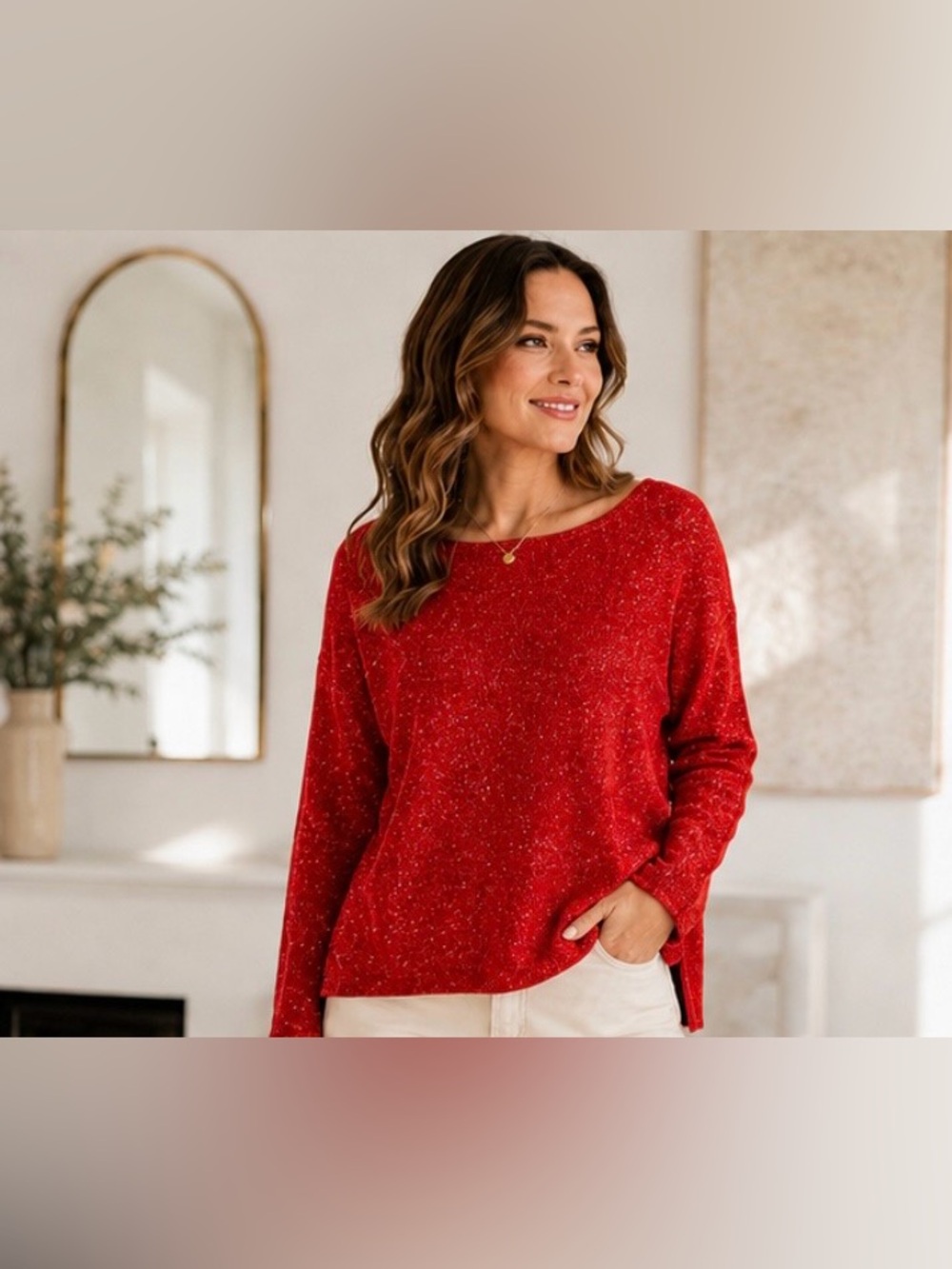 Tommy Bahama Crystal Sands Bateau Neck Sweater XL Tango Red Metallic Shimmer